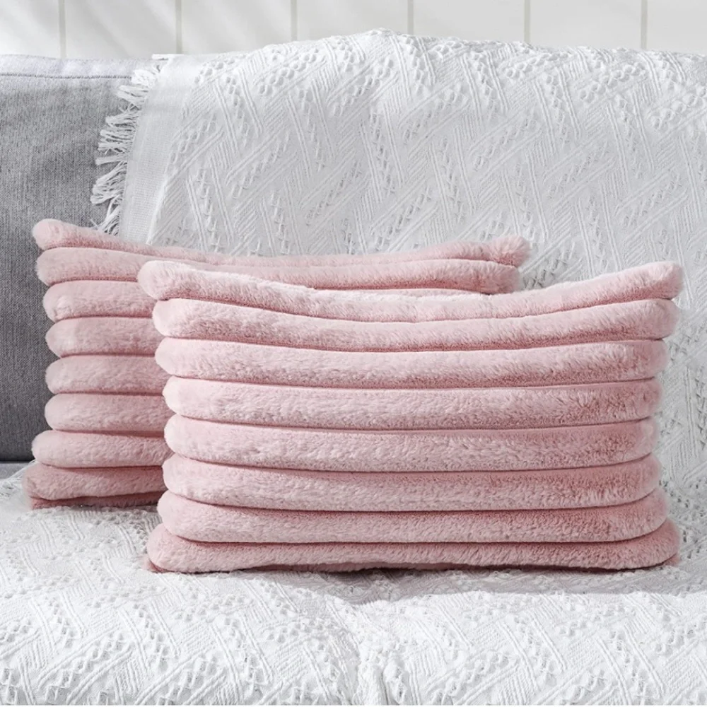 Luxury Home | Chic Blush Pink Cozy Plush Striped Lumbar Throw Pillow Covers